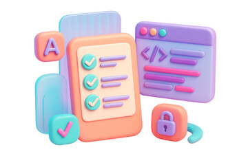 Colorful 3D-style interface elements including checklist, coding window, and lock icon isolated on white background, concept of digital technology. Ai generative
