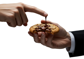 Sophisticated male hand in black business suit holds warm, bitten chocolate chip cookie, finger highlighting molten chocolate on transparent background. Concept of gourmet food photography