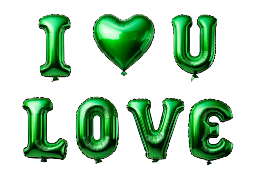I LOVE YOU and heart shaped green foil shiny balloons isolated on transparent or white background - Powered by Adobe