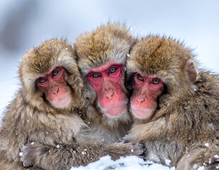 Fototapeta premium Three snow monkeys huddled together