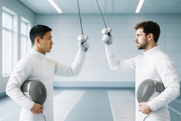 Two male fencers facing each other with raised swords in a duel stance indoors on a light background, concept of sport competition and discipline. Ai generative