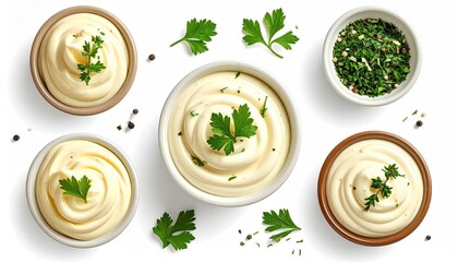 Creamy swirls of mayonnaise in small bowls, garnished with parsley and peppercorns, arranged against a white background