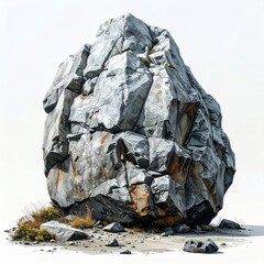 Gigantic boulder, rough hewn with textures, stands alone; patches of orange, small stones, and grass below. White background