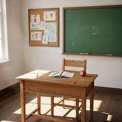 Inviting classroom corner with a vintage wooden desk and charming drawings