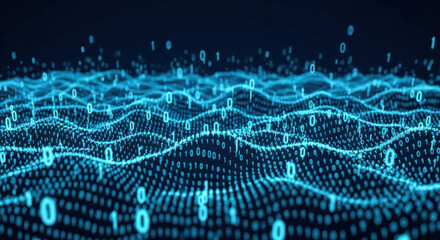 Abstract representation of digital data flowing like waves, showcasing binary code in a dark background