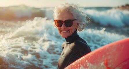 Smiling elderly woman on the beach with a surfboard, enjoying a sunny day by the ocean