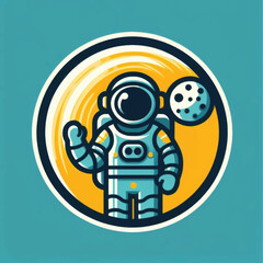 Cartoon Astronaut Character Waving in a Circular Emblem.