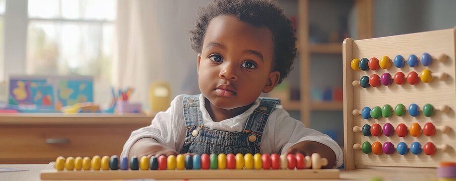 Curious young boy playing with colorful abacus in a bright classroom setting