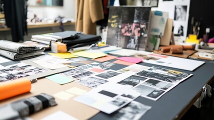 Fashion designers workspace featuring sketches and moodboards for inspiration