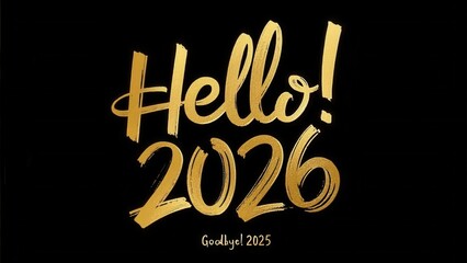 Black background with golden handwritten text "Hello! 2026" and smaller "Goodbye! 2025", representing New Year transition.
