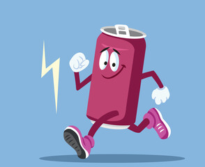 Energy Drink Runs with Vitality Vector Cartoon Character. Happy cheerful energizing fizzy beverage jogging fast 

