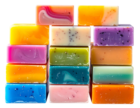 Stacked Colorful Soap Bars, Front View, Isolated on Transparent Background 
