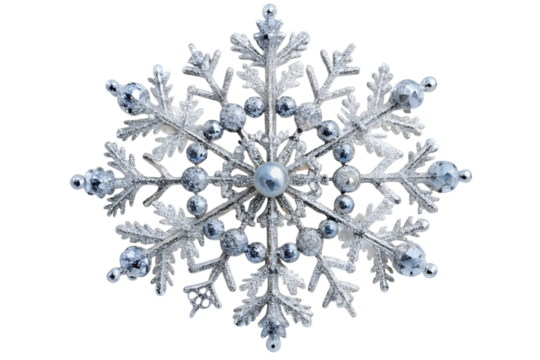 Silver and Blue Snowflake Ornament Isolated on Transparent Background