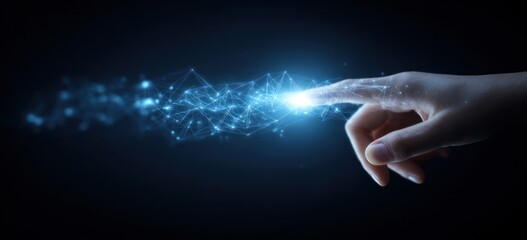 Finger touches a network of blue, shining lights and lines over a dark background, symbolizing technology or innovation