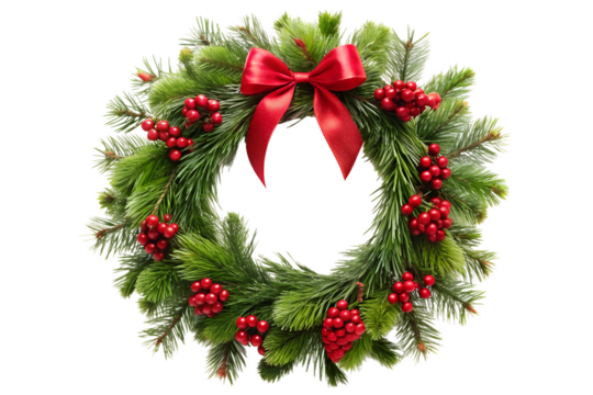 Festive Christmas Wreath with Red Berries and Bow on transparent background