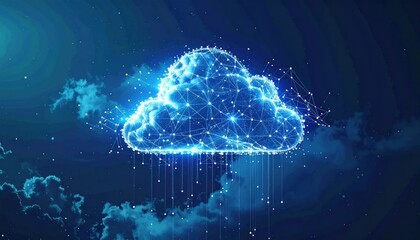 Luminous cloud, a polygonal network, surrounded by soft blue clouds, descends radiant data streams, on a serene, dark blue sky gradient