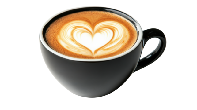 Black coffee cup latte art heart isolated on a transparent background