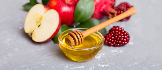 Flat lay composition with symbols jewish Rosh Hashanah holiday attributes on colored background, Rosh hashanah concept. New Year holiday Traditional. Top view with copy space