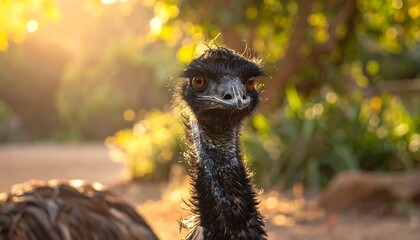 Close-up of an emu in sunlight