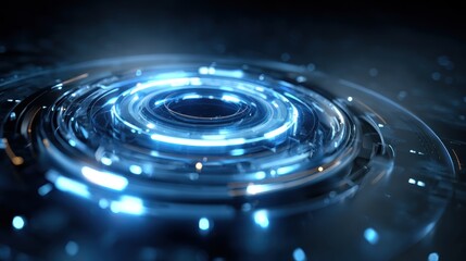 A complex, intricate design showcases concentric circles of glowing blue light within a dark, metallic structure.