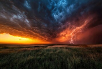 Vivid sunset landscape. Dark clouds loom over grass field as lightning strikes in the distance, painting the sky orange and purple