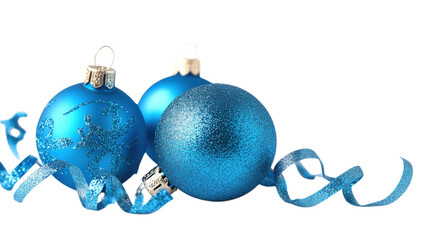 Blue Christmas Ornaments with Glittering Ribbon isolated on a transparent background