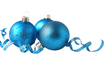 Blue Christmas Ornaments with Glittering Ribbon isolated on a transparent background