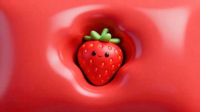 A cute, cartoon - style strawberry with a smiling face sits in a depression on a smooth, bright red surface, featuring 3D rendering and vibrant colors.