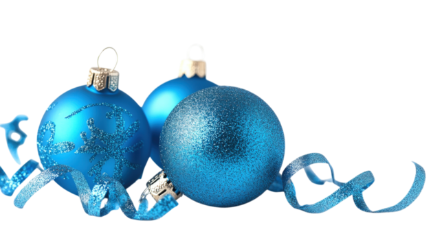 Blue Christmas Ornaments with Glittering Ribbon isolated on a transparent background