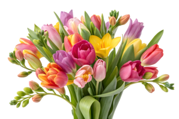 Colorful freesia and tulip bouquet isolated on transparent background.