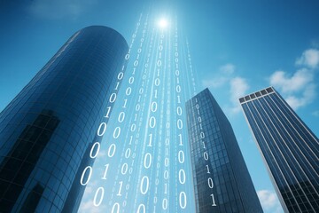 Abstract binary code streams rising between skyscrapers under bright daylight sky, depicting futuristic digital data flow and tech innovation concept.