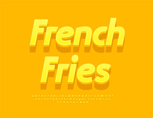 Vector Promo logo French Fries. Creative Yellow 3D Font. Modern Alphabet Letters and Numbers set.