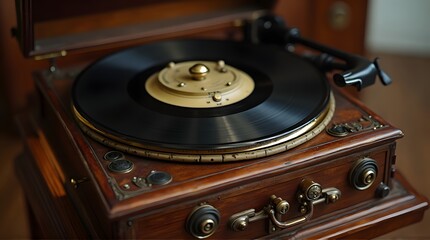 Vintage wooden gramophone with intricate brass details and a black vinyl record.
