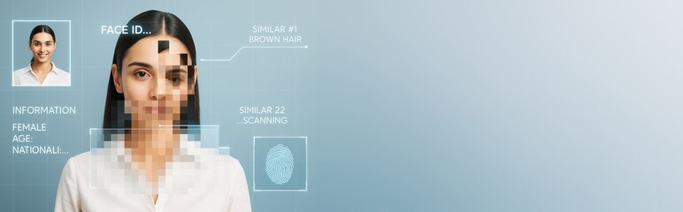 Facial recognition scanning interface with biometric identification and digital data analysis on futuristic blue background for technology concept banner.
