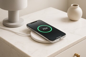 Smartphone charging on wireless pad with 75 percent battery on white marble nightstand near lamp and vase in clean minimal light background. Ai generative