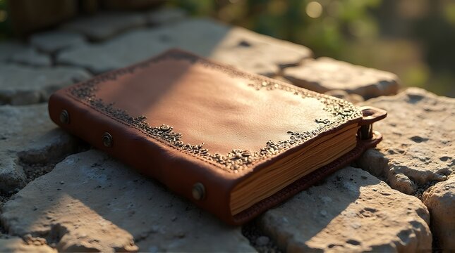 Vintage leather-bound journal with ornate metal details resting on sunlit stones. - Powered by Adobe