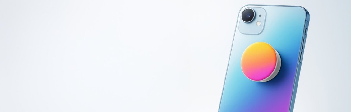 Smartphone with colorful grip accessory on gradient blue back, displayed on clean empty background with copyspace for advertising or design use. Ai generative