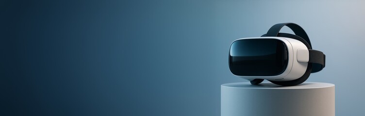 Virtual reality headset on cylindrical pedestal with gradient blue background and copyspace for product design or tech presentation concept. Ai generative