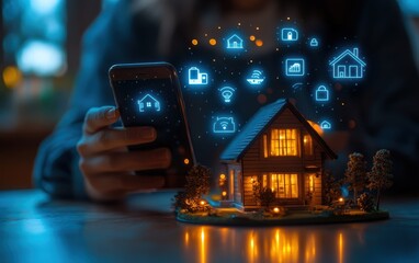 Smart home technology concept with hands holding smartphone projecting connected icons of home automation devices and features