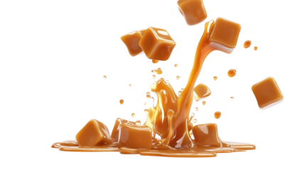 Caramel cubes splashing liquid isolated on a transparent background