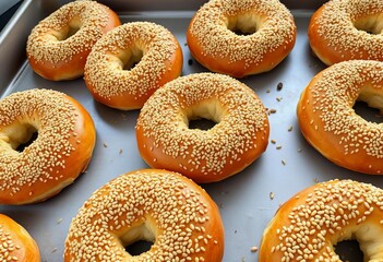 Golden-brown sesame bagels, freshly baked, on a baking sheet,   food blog,   food photography props