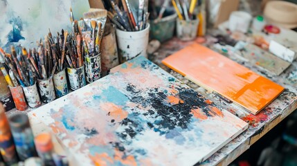 Close-up of artist's workspace with paintbrushes, canvases and colorful marks