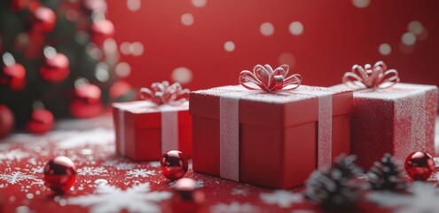 Obraz premium Beautifully wrapped Christmas gifts on a red background with snow and holiday decorations