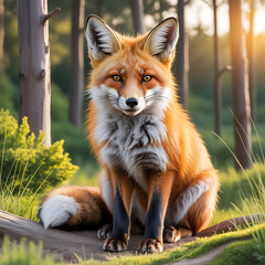 Fototapeta premium Red fox sitting in a sunlit forest looking directly ahead