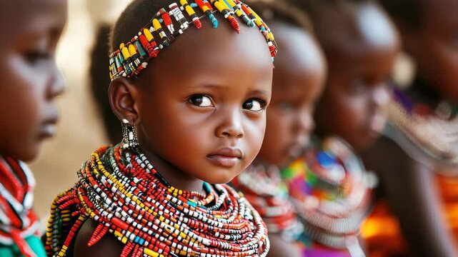 Portrait of Young Samburu Girls Wearing Traditional Beaded Jewelry and Headdresses in Kenya, East Africa