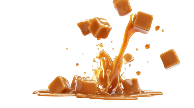 Caramel cubes splashing liquid isolated on a transparent background - Powered by Adobe