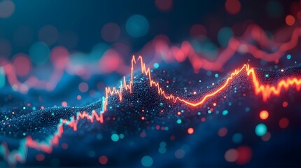 Volatile red and orange stock market chart with glowing particles on a dark blue background.
