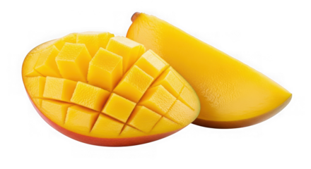 Fresh mango cut in half and sliced, isolated on transparent background