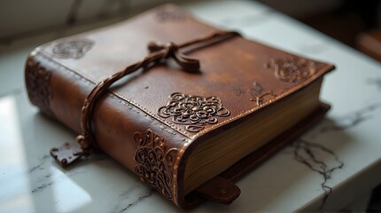 Vintage leather-bound journal with ornate filigree details and a strap closure on a marble surface.