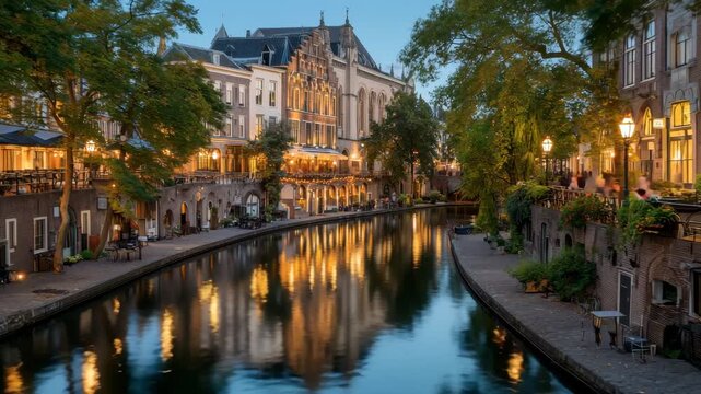 The calm waters of the canal in Utrecht glow with reflections from charming lights and historic buildings during a picturesque evening, showcasing the beauty of the city